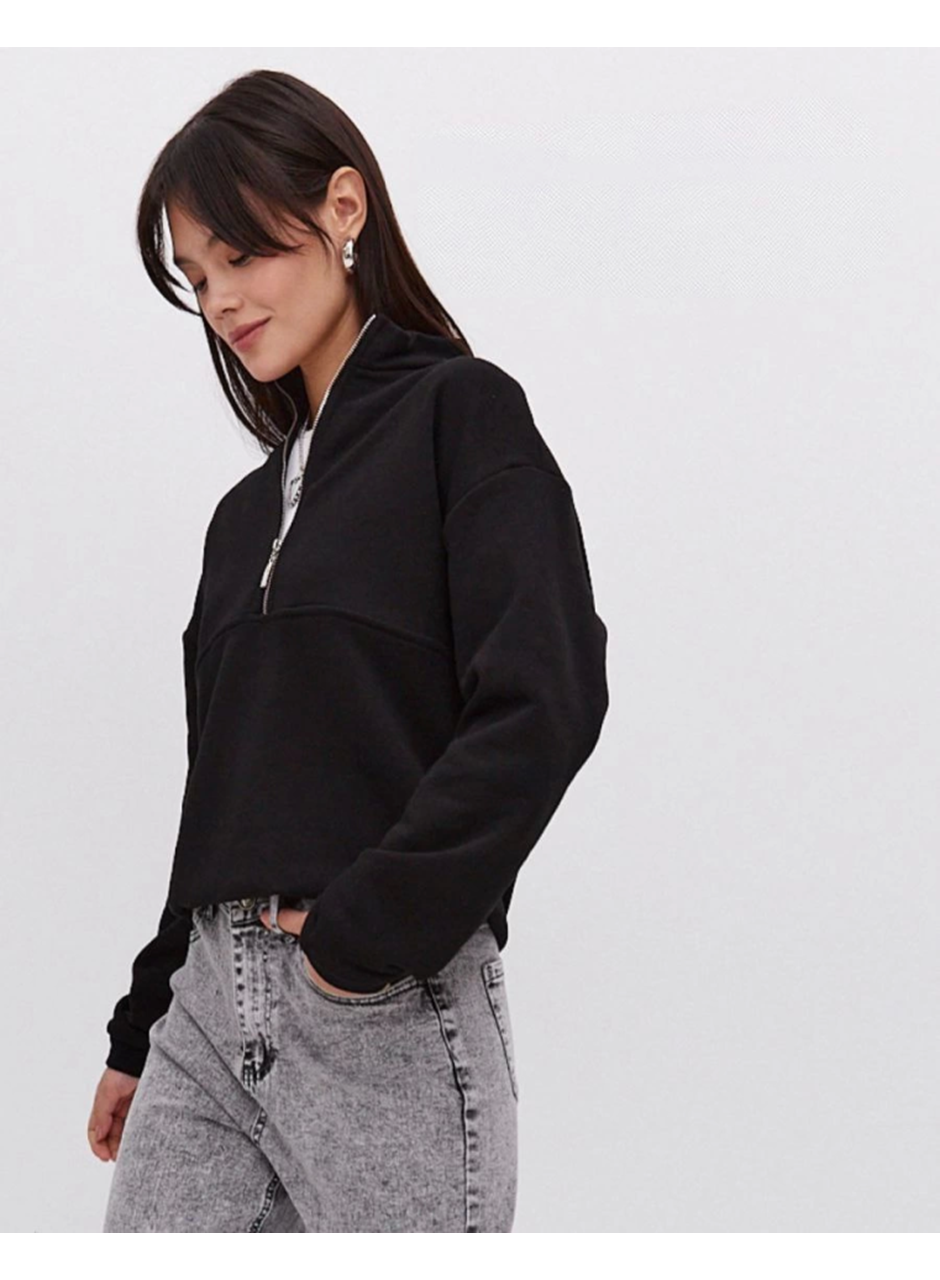 Oversize Yarım Farmuarlı Yakalı Basic SweatShirt - Siyah