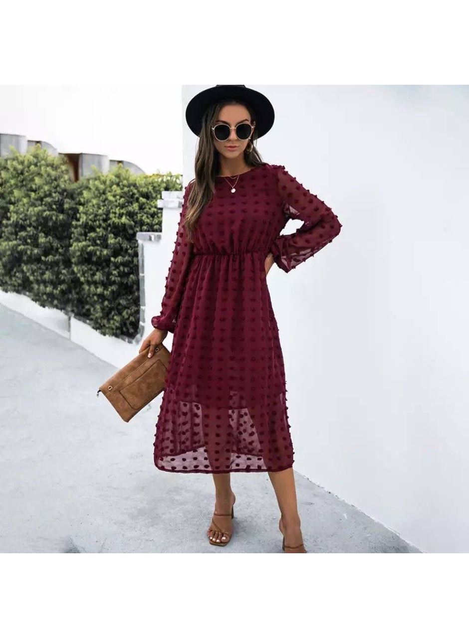 Kadın Uzun Kollu Astar Detay Fırsat ürün Ponpon şifon Elbise