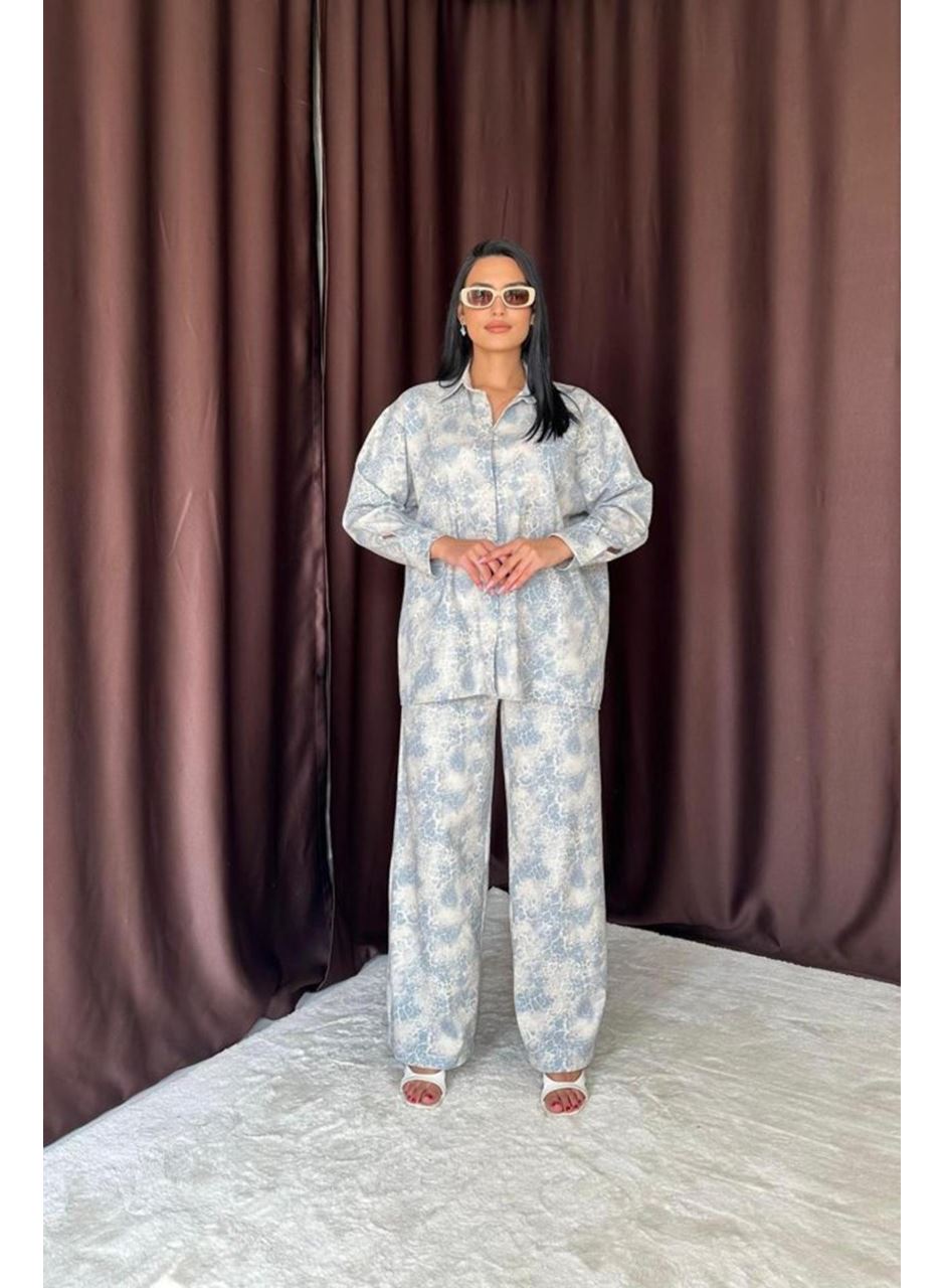 Mavi Leopar Desenli Ceket Ve Pantolon Keten Takım