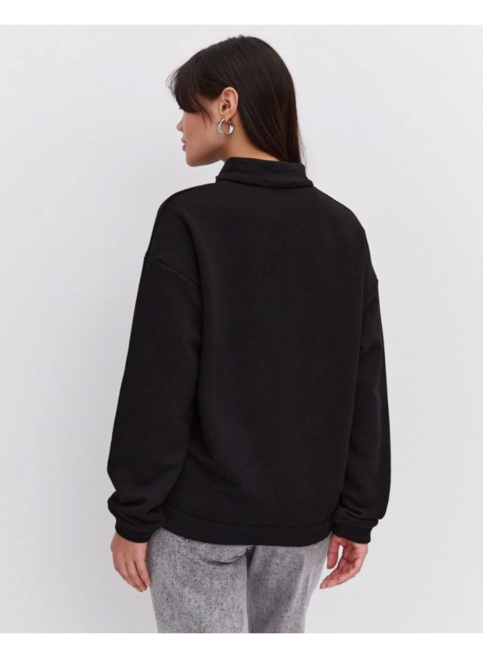 Oversize Yarım Farmuarlı Yakalı Basic SweatShirt - Siyah