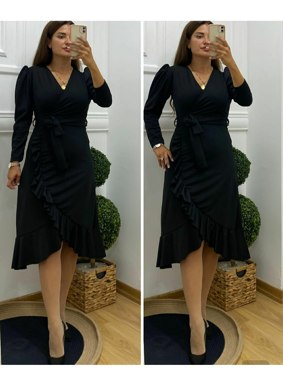 Krep Kumaş Midi Boy Kuşaklı Uzunkol Elbise 113 Cm