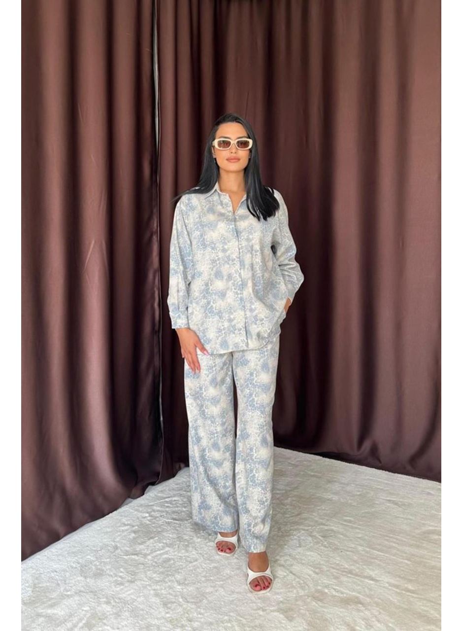 Mavi Leopar Desenli Ceket Ve Pantolon Keten Takım