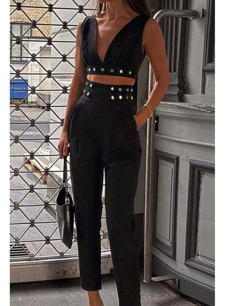 Kadın Double Krep Kumaş Düğme Aksesuar Detaylı Takım