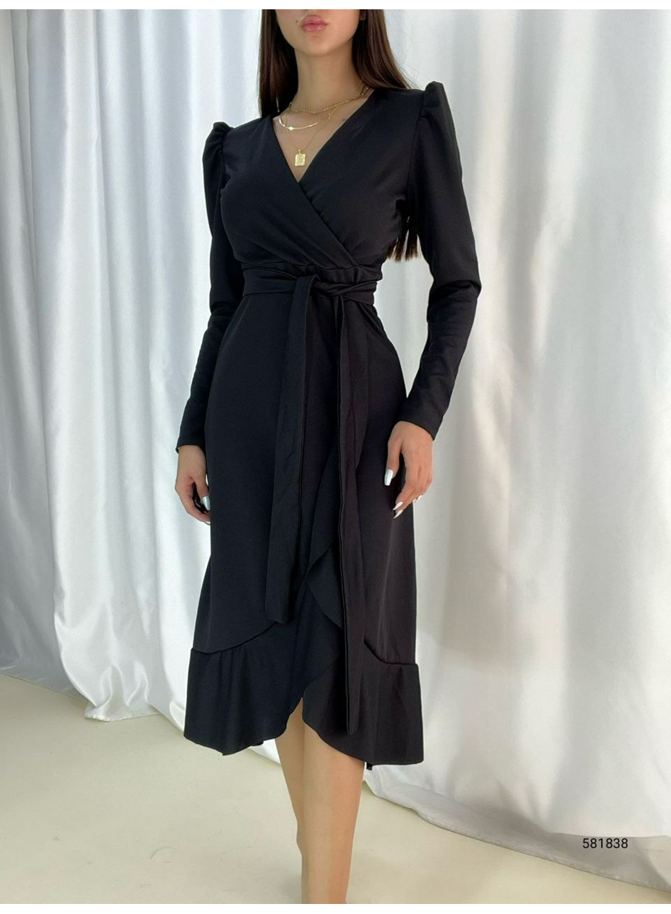 Krep Kumaş Midi Boy Kuşaklı Uzunkol Elbise 113 Cm