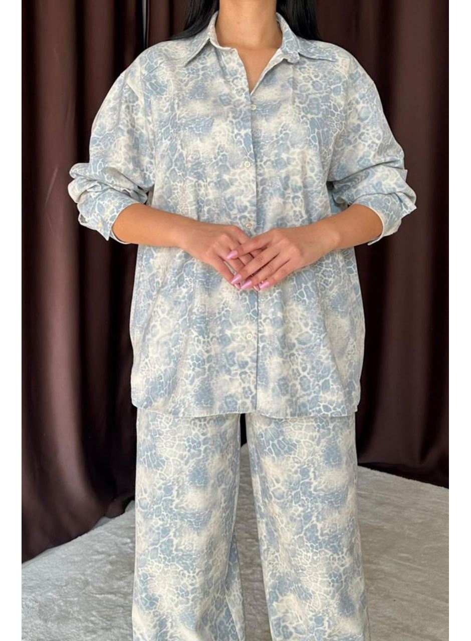 Mavi Leopar Desenli Ceket Ve Pantolon Keten Takım