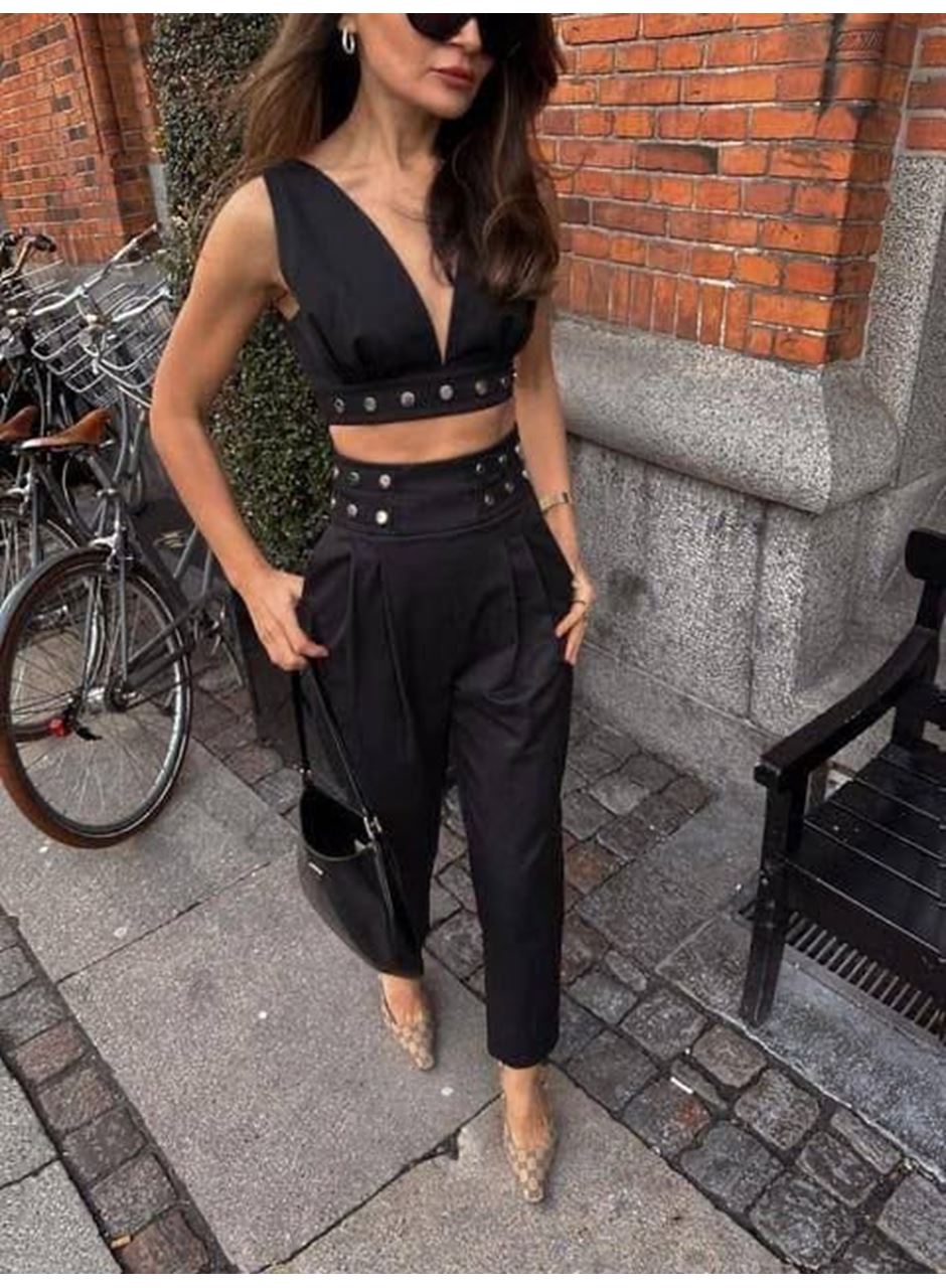 Kadın Double Krep Kumaş Düğme Aksesuar Detaylı Takım