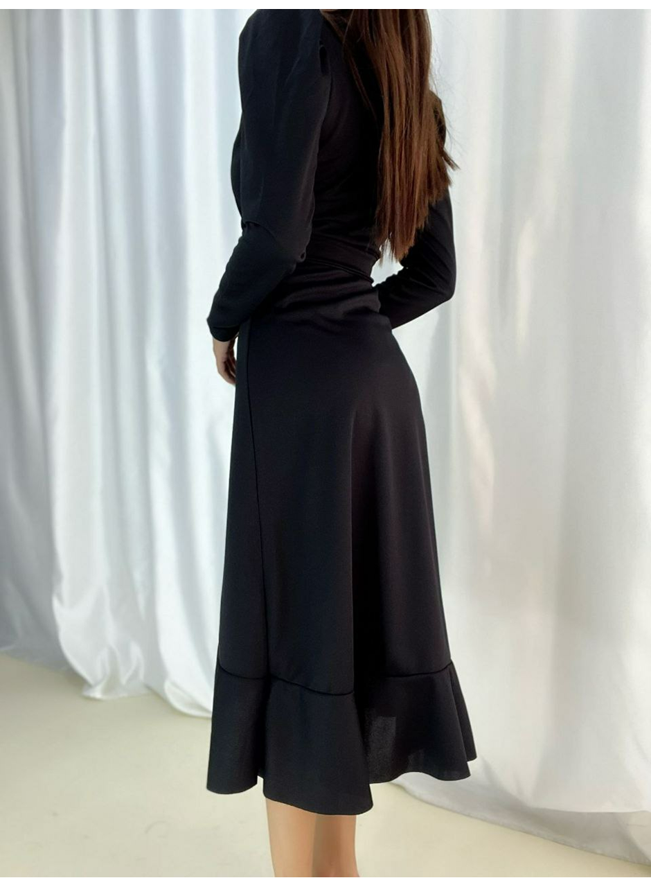 Krep Kumaş Midi Boy Kuşaklı Uzunkol Elbise 113 Cm