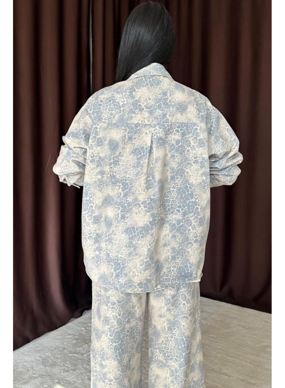 Mavi Leopar Desenli Ceket Ve Pantolon Keten Takım