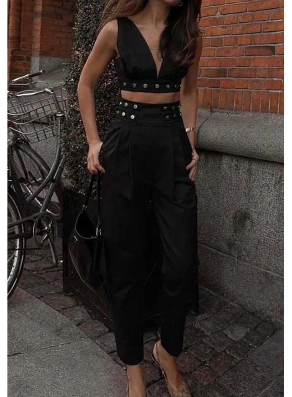 Kadın Double Krep Kumaş Düğme Aksesuar Detaylı Takım