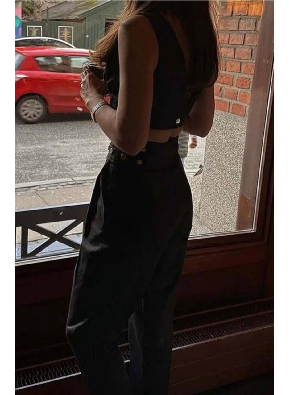 Kadın Double Krep Kumaş Düğme Aksesuar Detaylı Takım