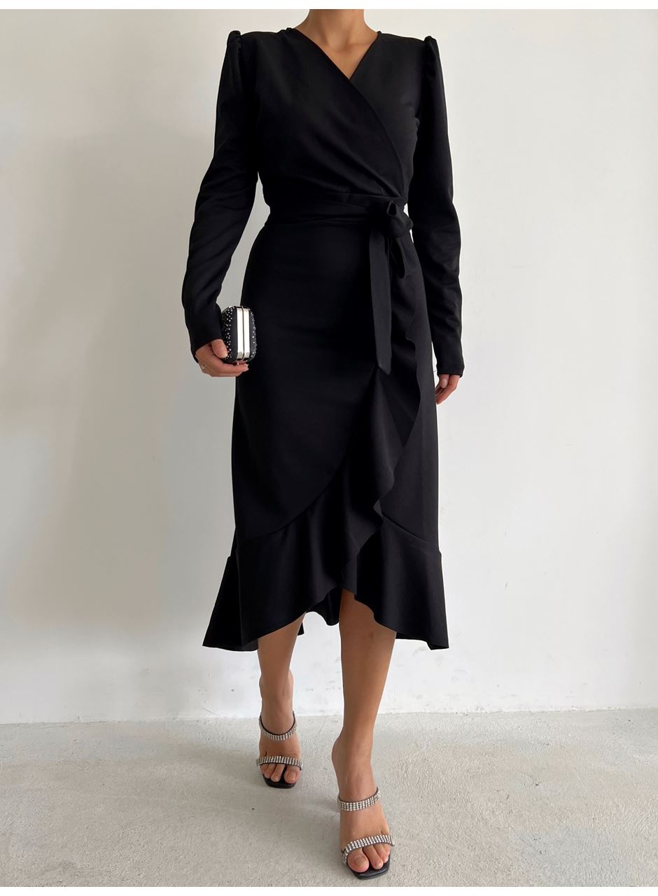 Krep Kumaş Midi Boy Kuşaklı Uzunkol Elbise 113 Cm