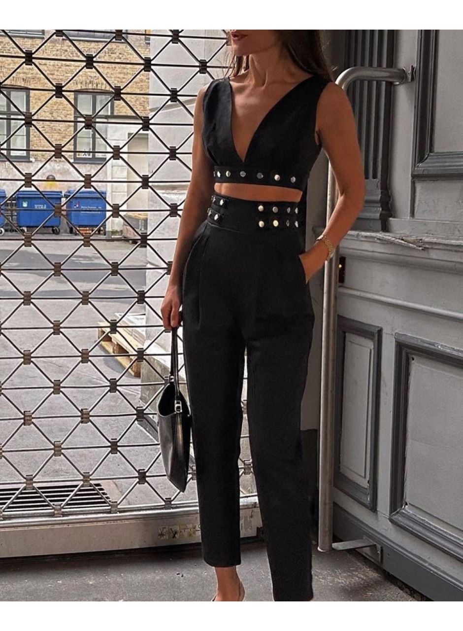 Kadın Double Krep Kumaş Düğme Aksesuar Detaylı Takım