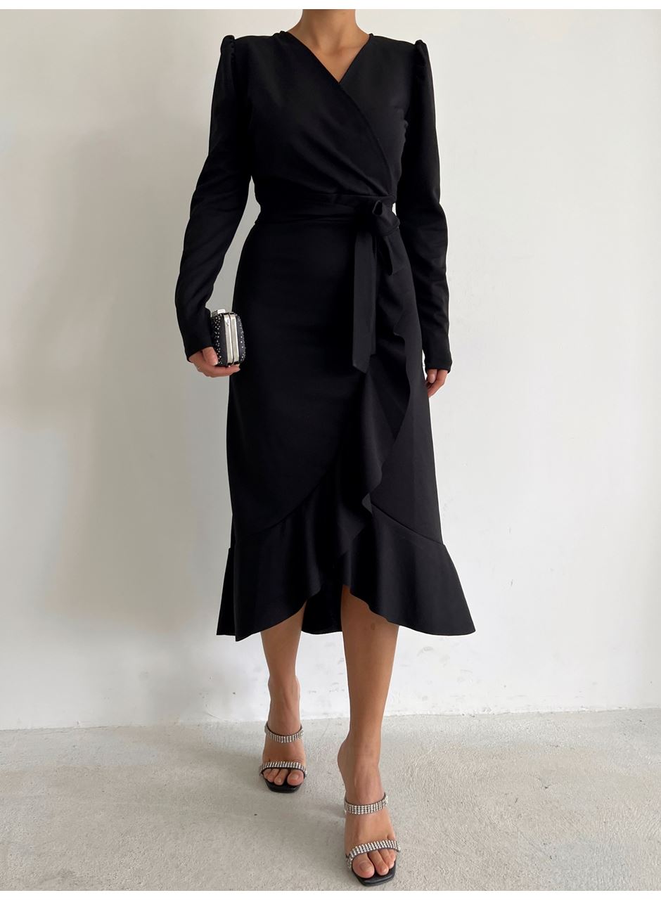 Krep Kumaş Midi Boy Kuşaklı Uzunkol Elbise 113 Cm