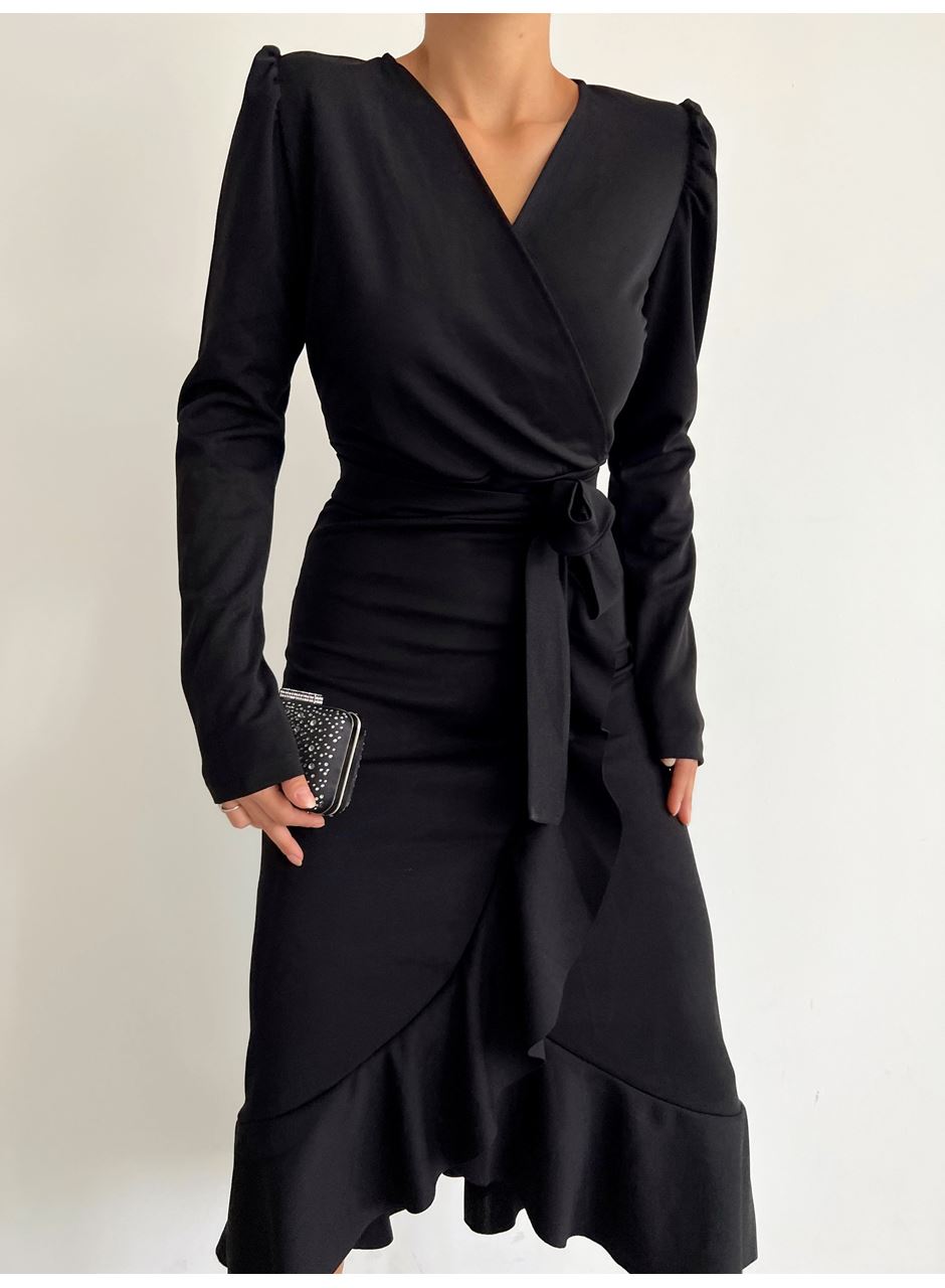 Krep Kumaş Midi Boy Kuşaklı Uzunkol Elbise 113 Cm