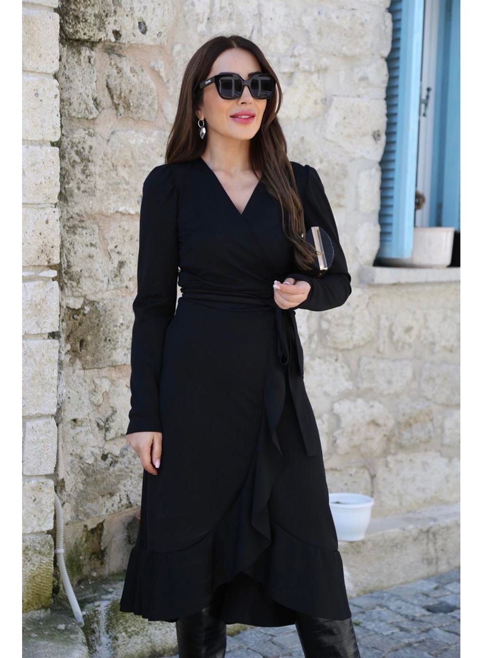 Krep Kumaş Midi Boy Kuşaklı Uzunkol Elbise 113 Cm