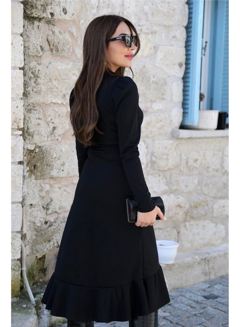 Krep Kumaş Midi Boy Kuşaklı Uzunkol Elbise 113 Cm