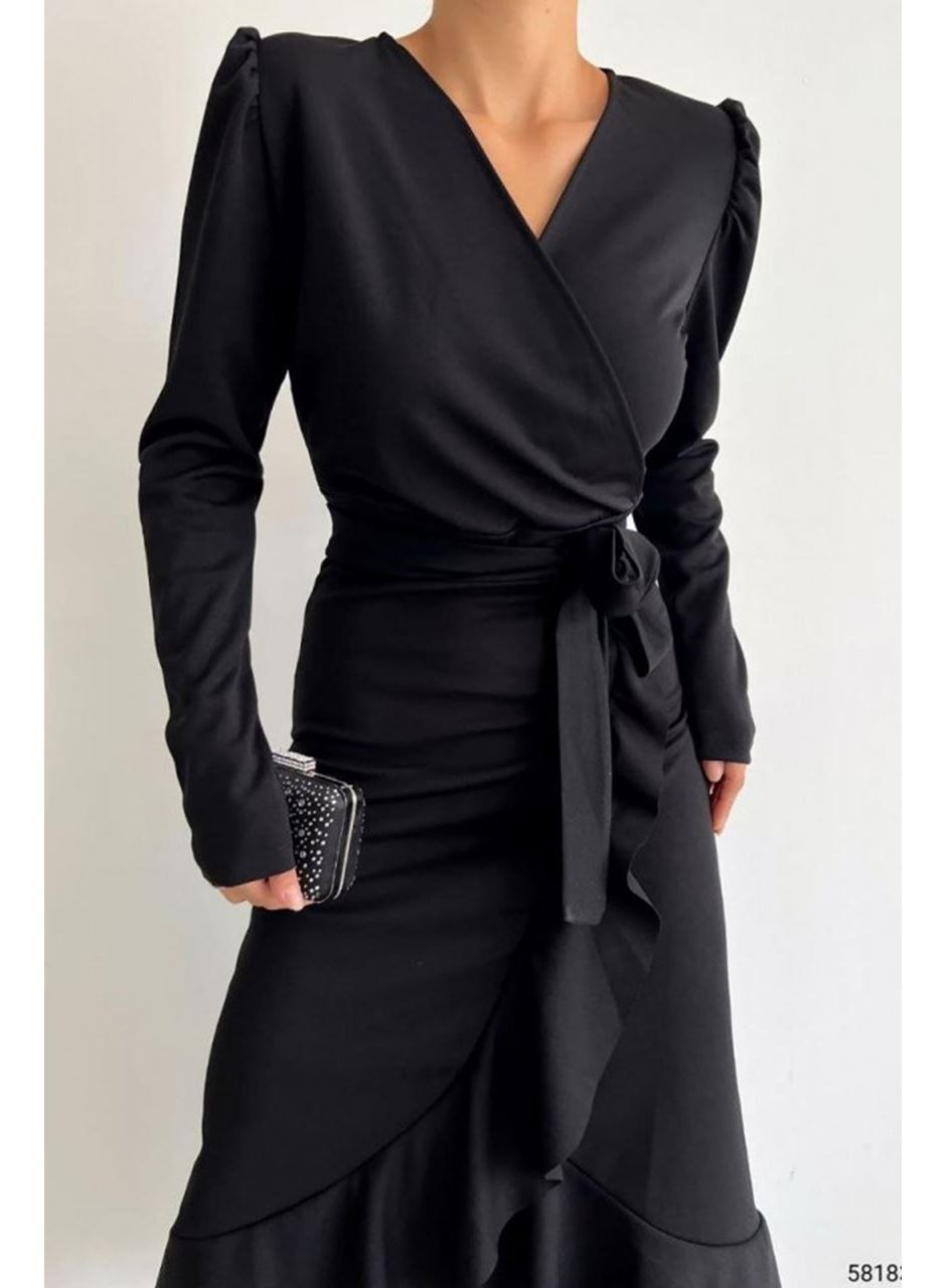 Krep Kumaş Midi Boy Kuşaklı Uzunkol Elbise 113 Cm