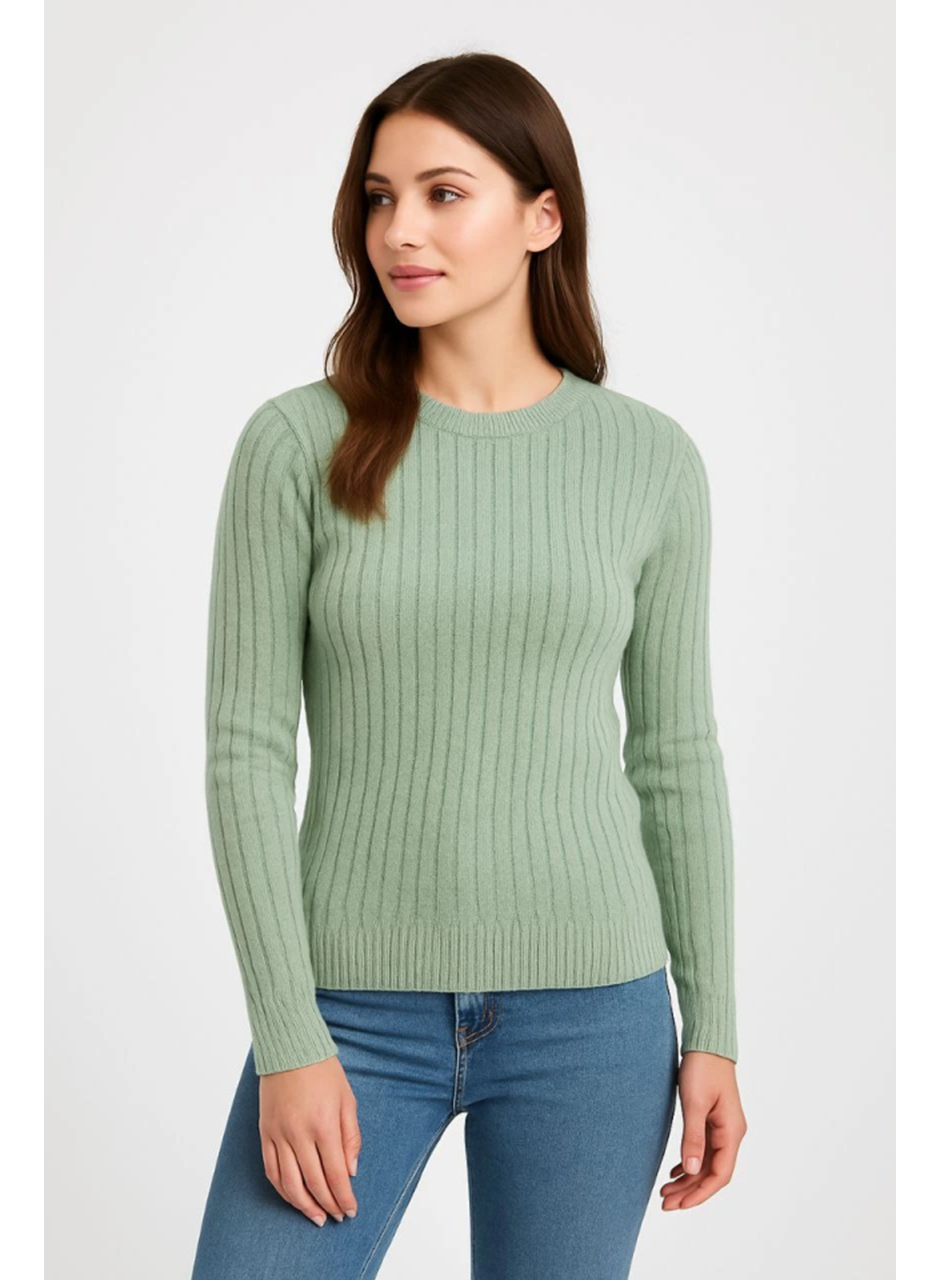 Erkek Bisiklet Yuvarlak Yaka Triko Kazak Pamuklu Kalın Fitilli Dokuma, Regular Fit Uzun Kollu Kışlık Model - Mint Yeşili