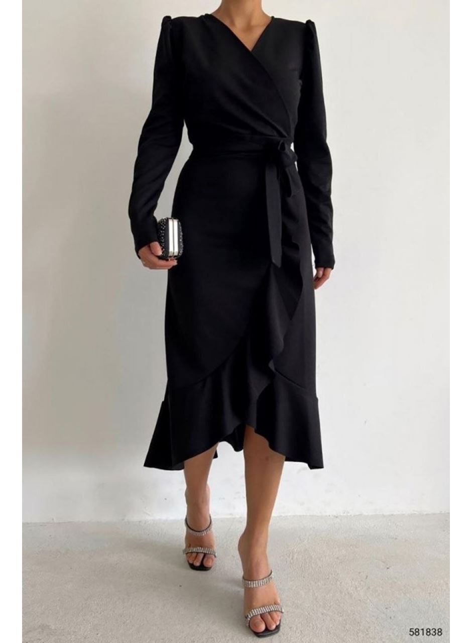 Krep Kumaş Midi Boy Kuşaklı Uzunkol Elbise 113 Cm