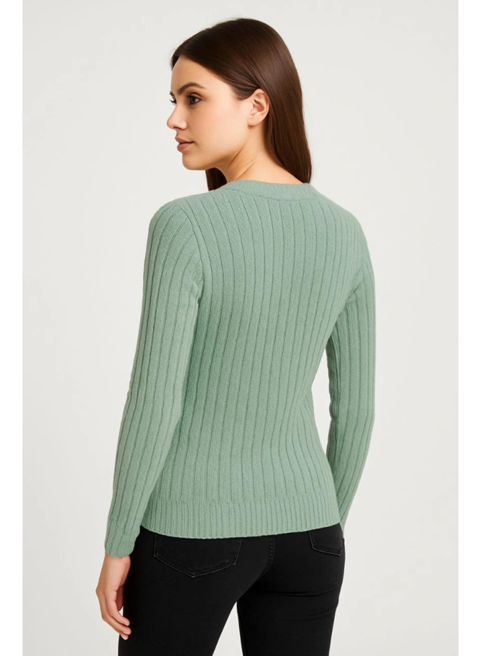 Erkek Bisiklet Yuvarlak Yaka Triko Kazak Pamuklu Kalın Fitilli Dokuma, Regular Fit Uzun Kollu Kışlık Model - Mint Yeşili