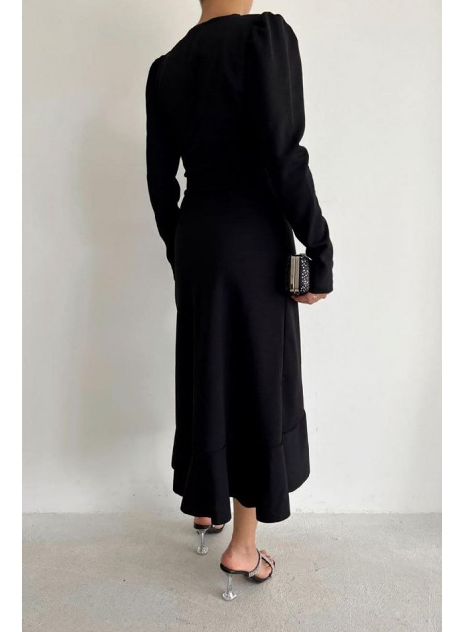 Krep Kumaş Midi Boy Kuşaklı Uzunkol Elbise 113 Cm