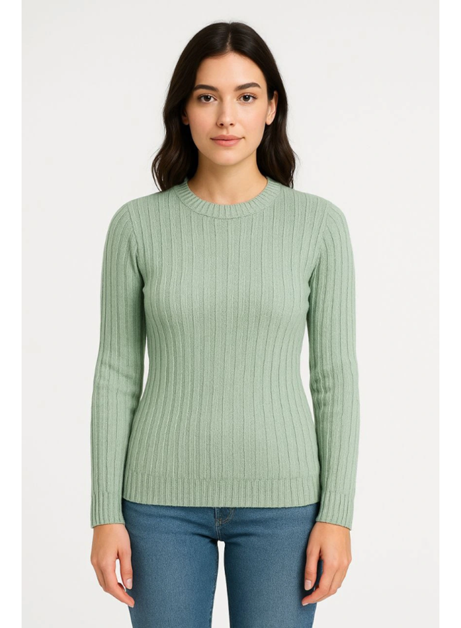 Erkek Bisiklet Yuvarlak Yaka Triko Kazak Pamuklu Kalın Fitilli Dokuma, Regular Fit Uzun Kollu Kışlık Model - Mint Yeşili