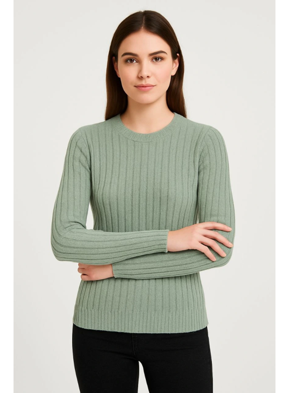 Erkek Bisiklet Yuvarlak Yaka Triko Kazak Pamuklu Kalın Fitilli Dokuma, Regular Fit Uzun Kollu Kışlık Model - Mint Yeşili