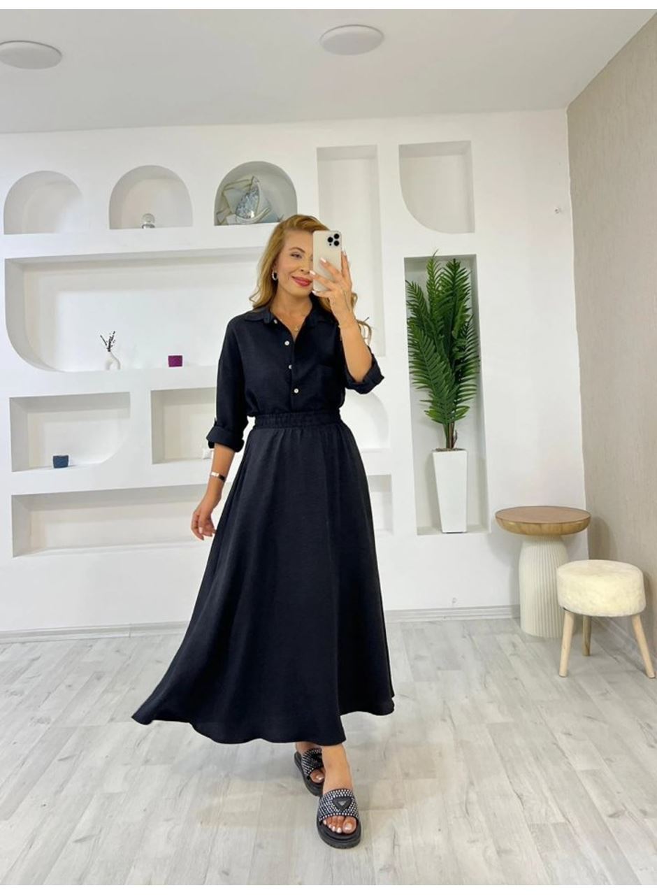 Kadın Keten Kumaş Gömlek Ve Etek Ikili Takim