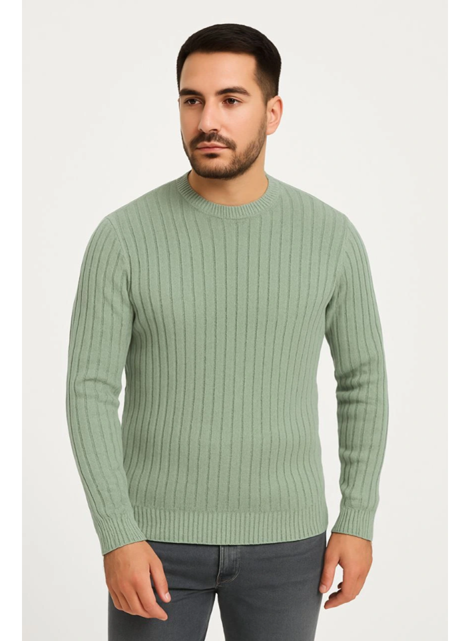 Erkek Bisiklet Yuvarlak Yaka Triko Kazak Pamuklu Kalın Fitilli Dokuma, Regular Fit Uzun Kollu Kışlık Model - Mint Yeşili