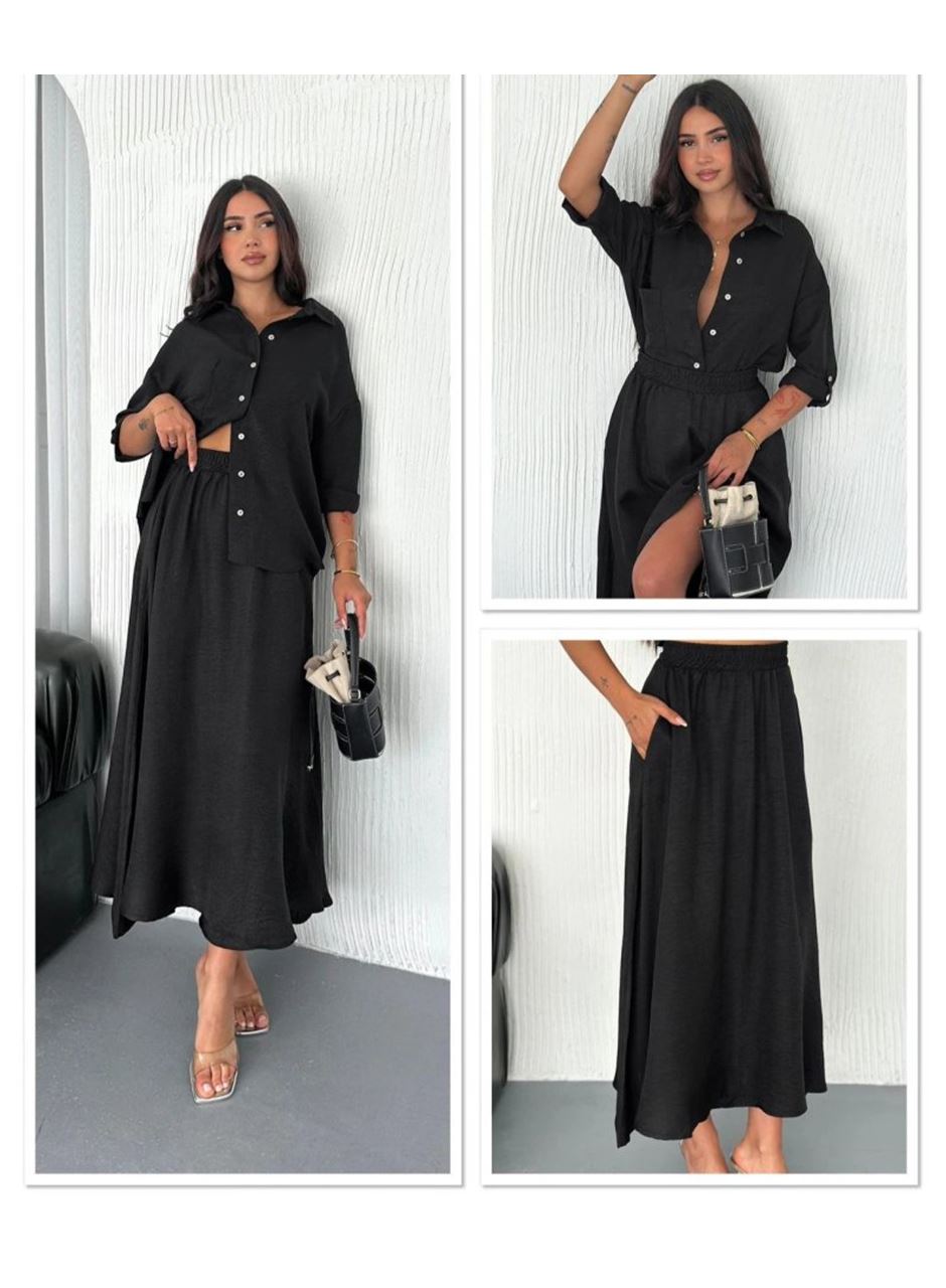 Kadın Keten Kumaş Gömlek Ve Etek Ikili Takim