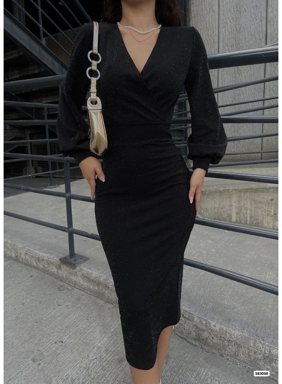 Kadın Kruvaze Yaka Balon Kol Simli Krep Kumaş Midi Boy Elbise