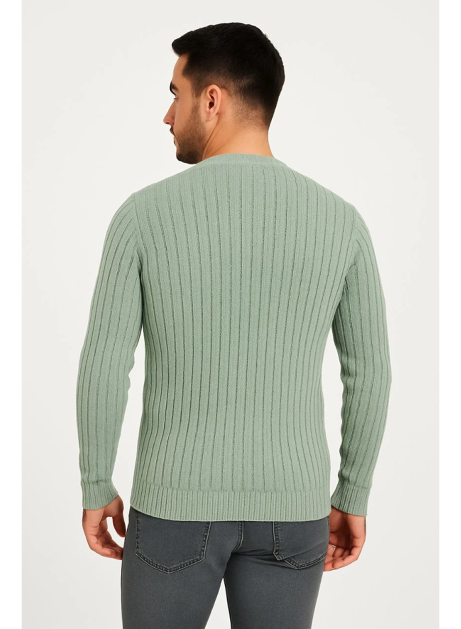 Erkek Bisiklet Yuvarlak Yaka Triko Kazak Pamuklu Kalın Fitilli Dokuma, Regular Fit Uzun Kollu Kışlık Model - Mint Yeşili