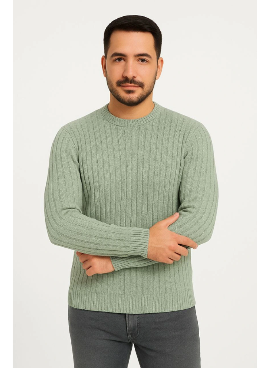 Erkek Bisiklet Yuvarlak Yaka Triko Kazak Pamuklu Kalın Fitilli Dokuma, Regular Fit Uzun Kollu Kışlık Model - Mint Yeşili