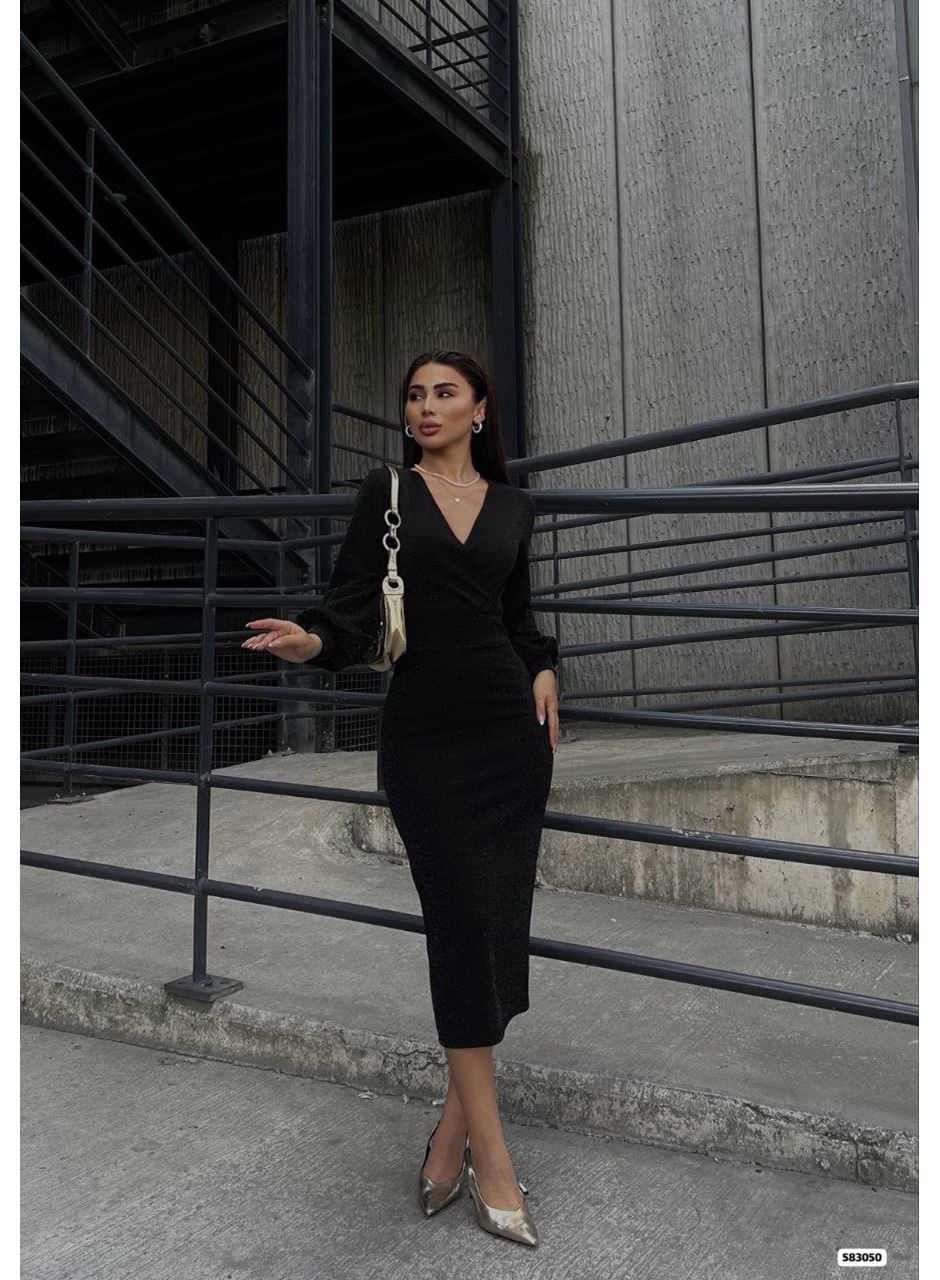 Kadın Kruvaze Yaka Balon Kol Simli Krep Kumaş Midi Boy Elbise