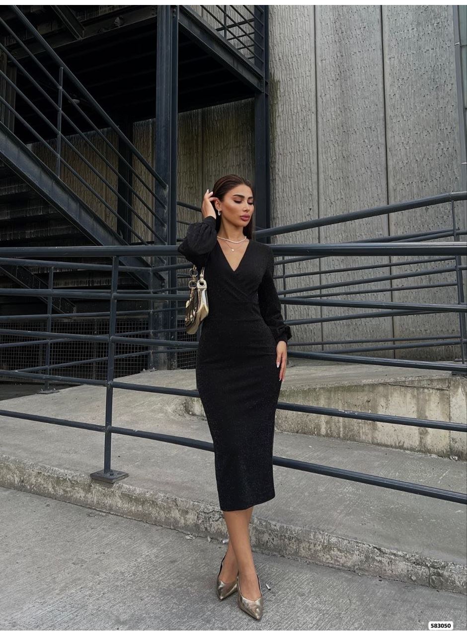 Kadın Kruvaze Yaka Balon Kol Simli Krep Kumaş Midi Boy Elbise