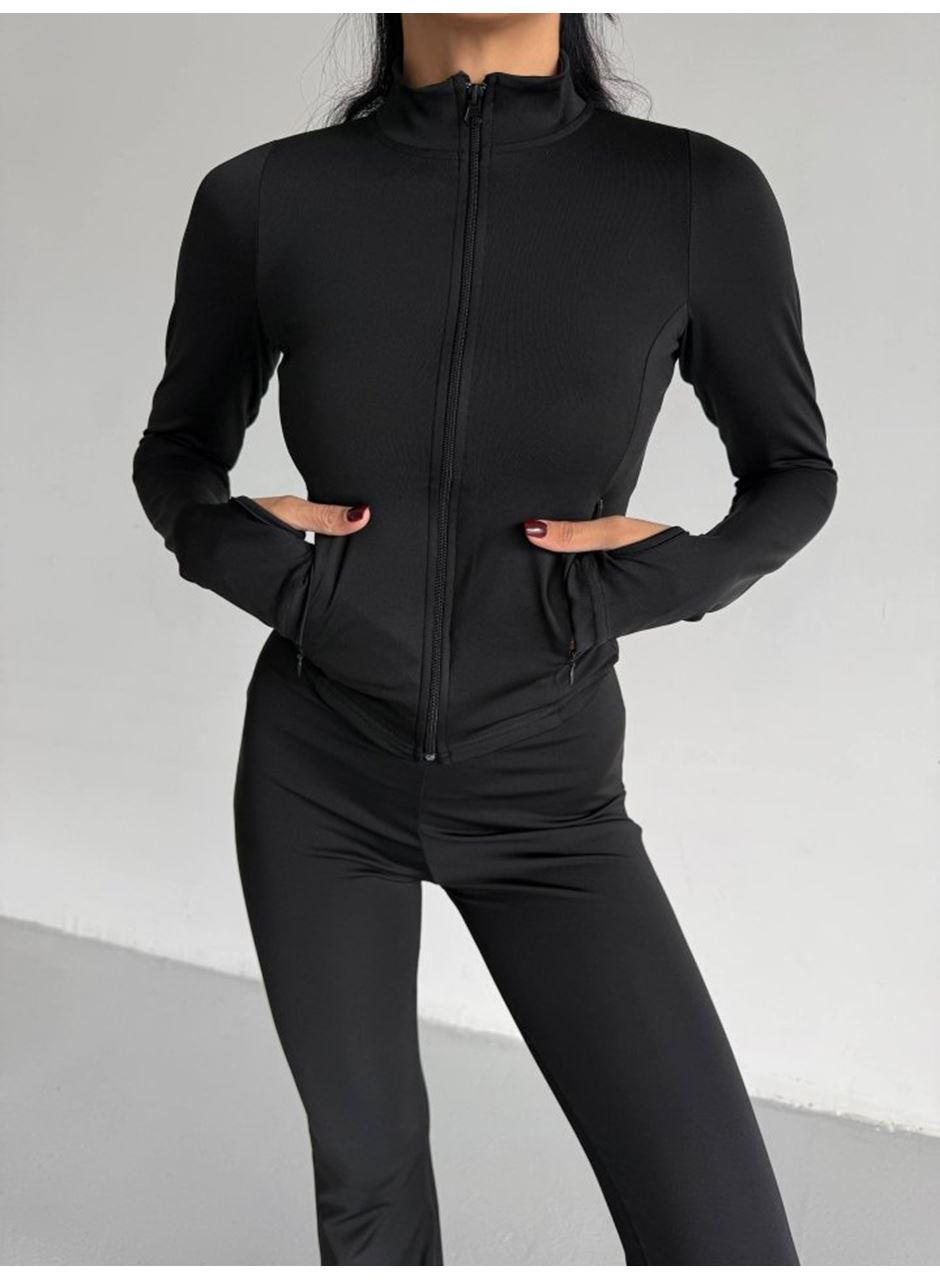 Kadın Balıkçı Yaka Cep Detaylı Ceket Ve Ispanyol Paça Spor Ikili Takım