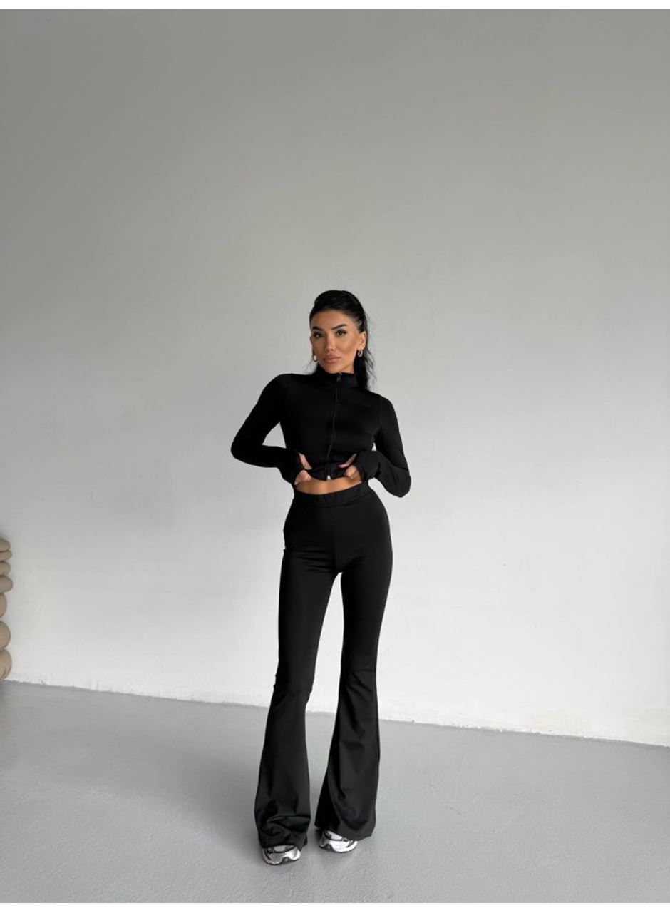 Kadın Balıkçı Yaka Cep Detaylı Ceket Ve Ispanyol Paça Spor Ikili Takım