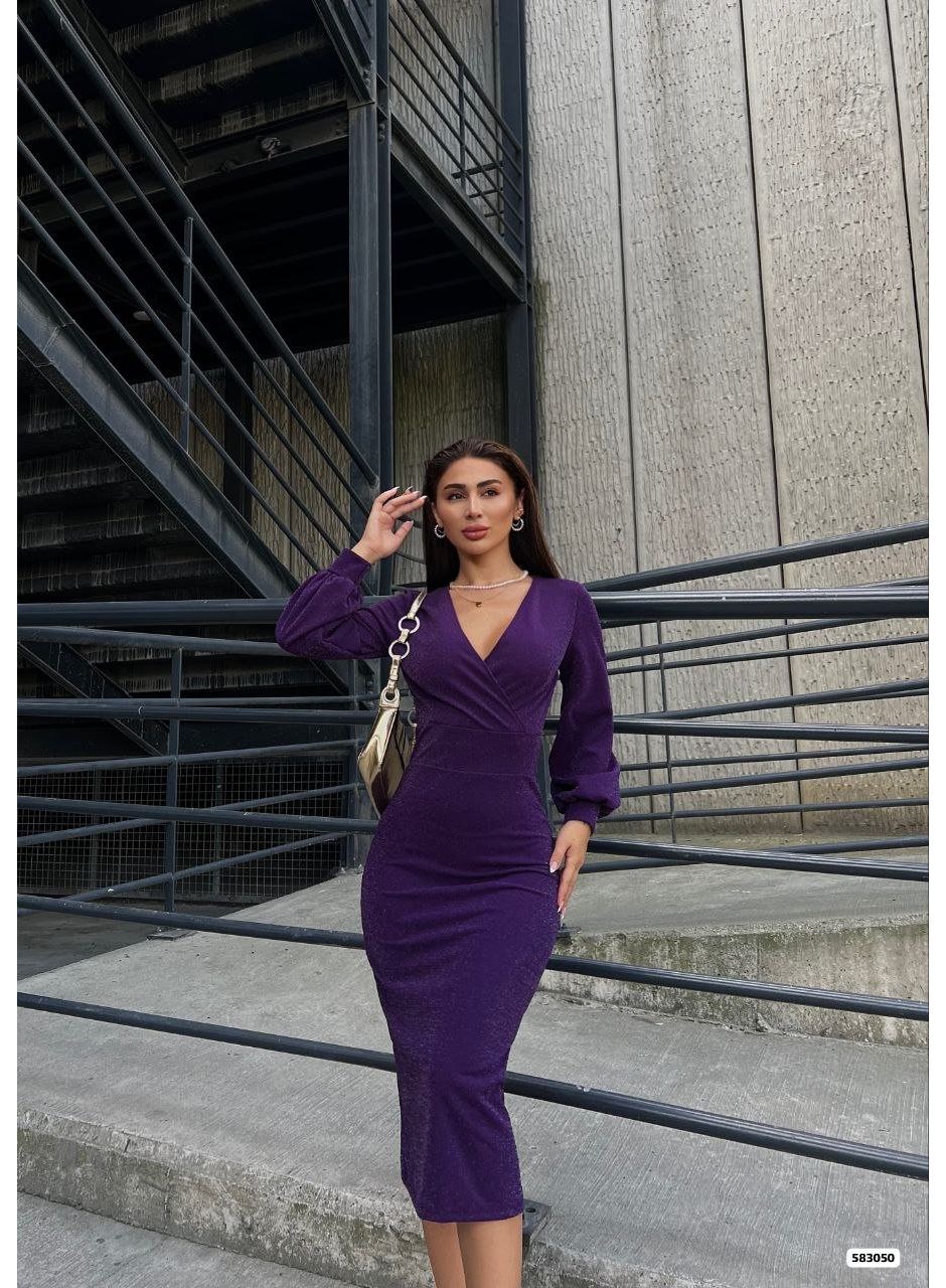 Kadın Kruvaze Yaka Balon Kol Simli Krep Kumaş Midi Boy Elbise