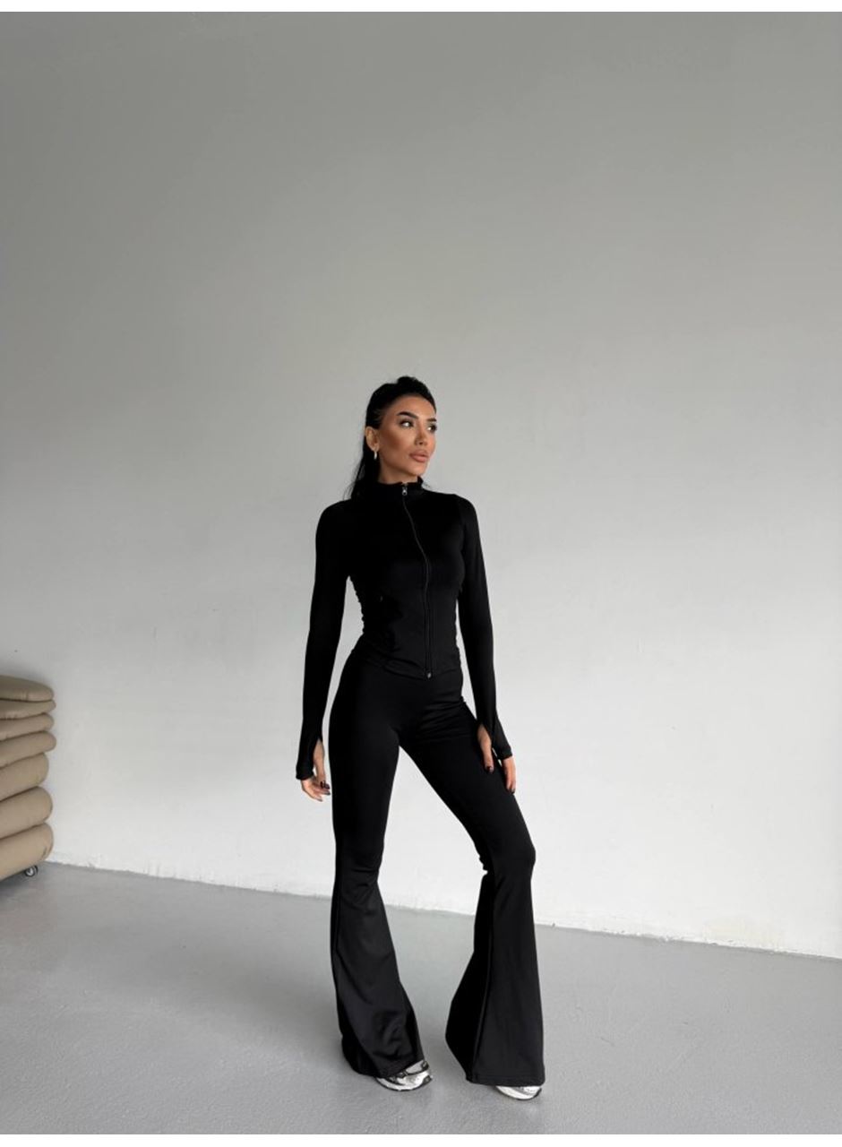 Kadın Balıkçı Yaka Cep Detaylı Ceket Ve Ispanyol Paça Spor Ikili Takım