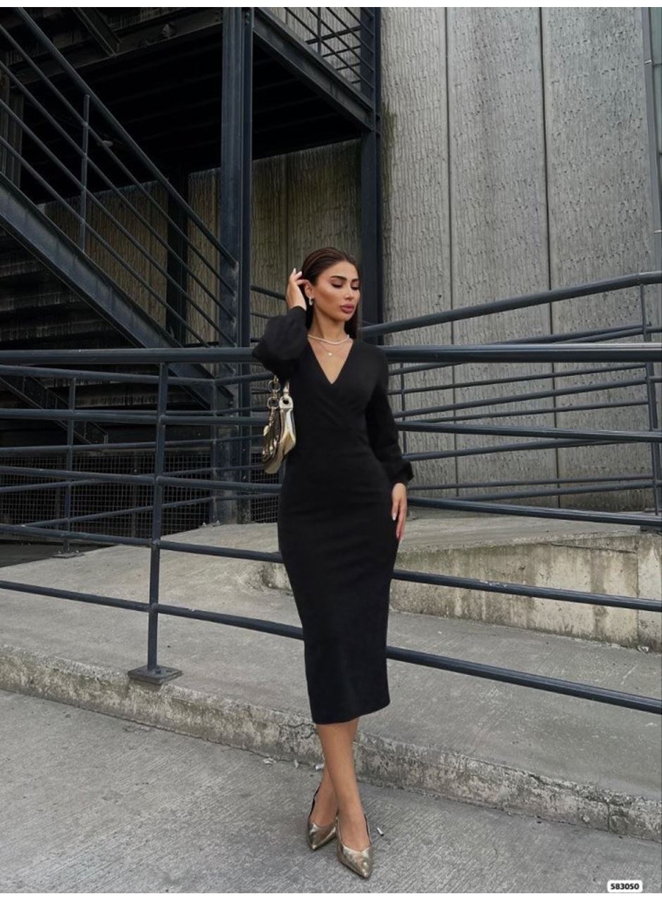 Kadın Uzun Kollu Kruvaze Yaka Büzgü Ve Balon Kol Detay Krep Kumaş Maxi Boy Simli Elbise