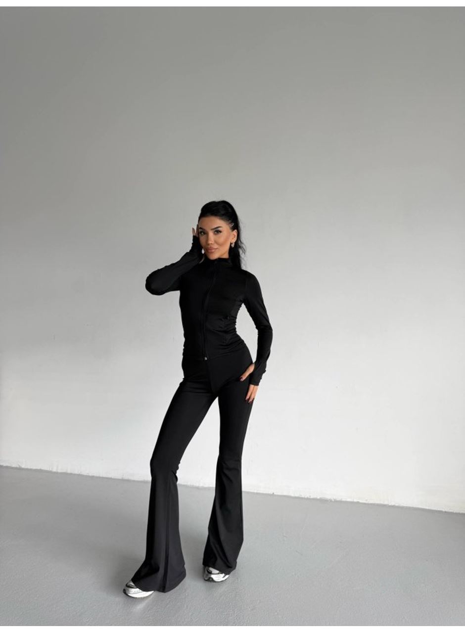 Kadın Balıkçı Yaka Cep Detaylı Ceket Ve Ispanyol Paça Spor Ikili Takım