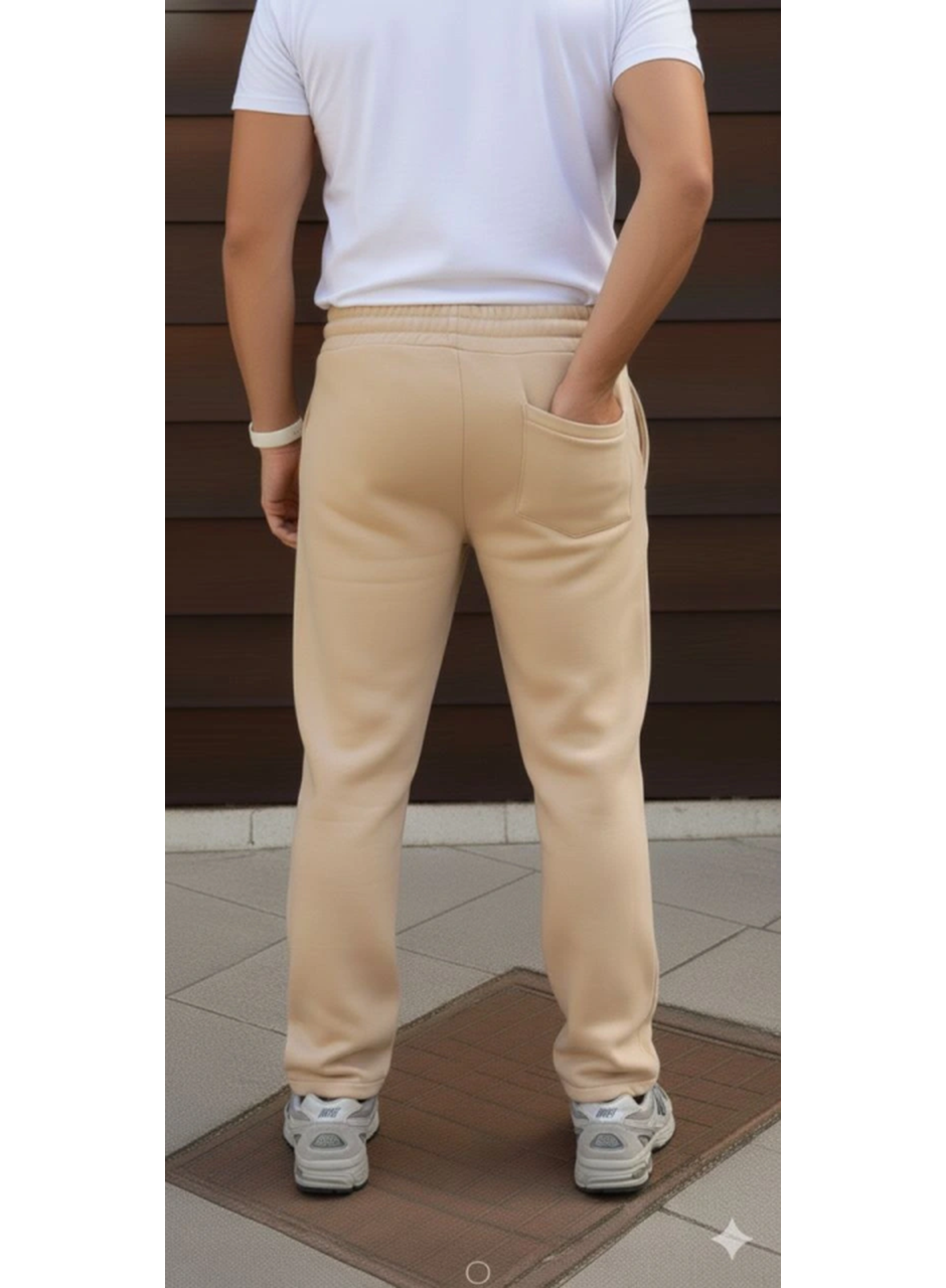 Erkek Üç Iplik Kışlık Pamuklu Ovarsize Bağcıklı Düz Paça Cepli Eşofman Altı Spor Rahat Model - Bej