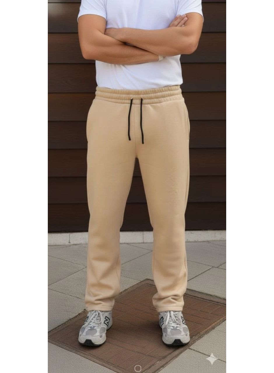 Erkek Üç Iplik Kışlık Pamuklu Ovarsize Bağcıklı Düz Paça Cepli Eşofman Altı Spor Rahat Model - Bej