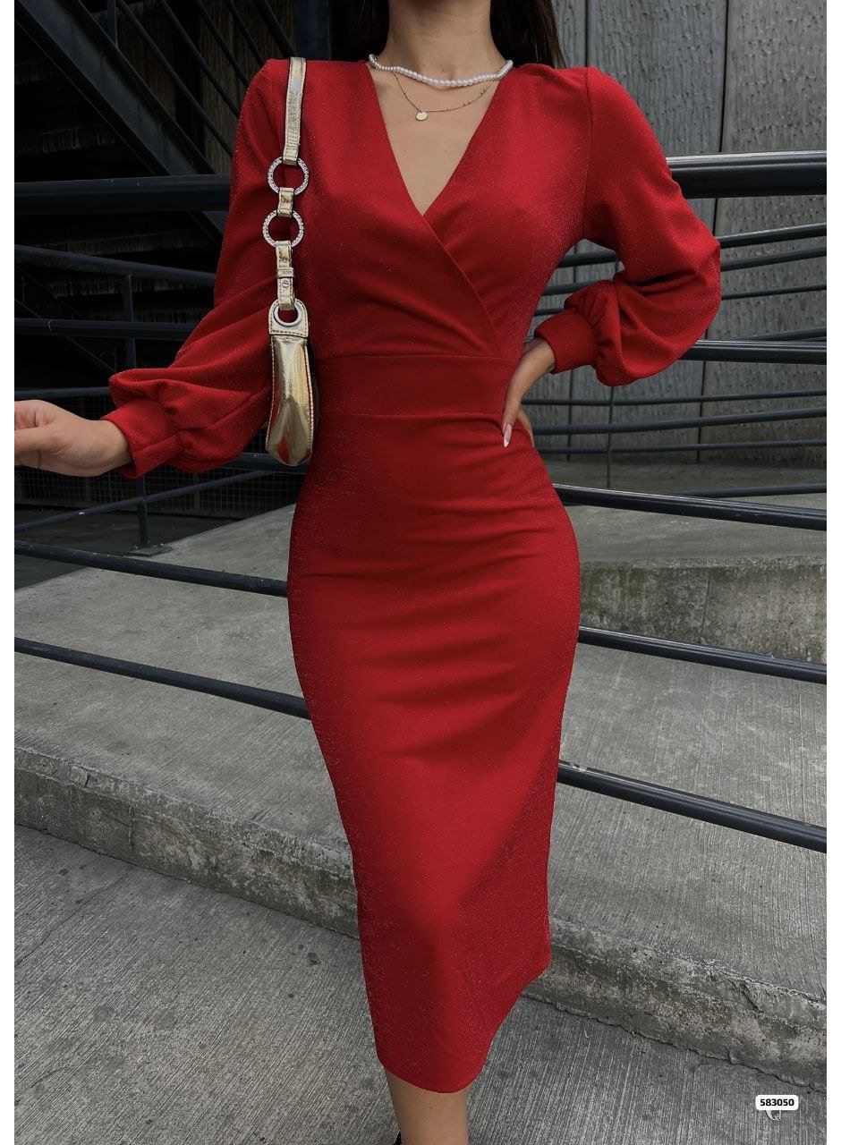 Kadın Kruvaze Yaka Balon Kol Simli Krep Kumaş Midi Boy Elbise