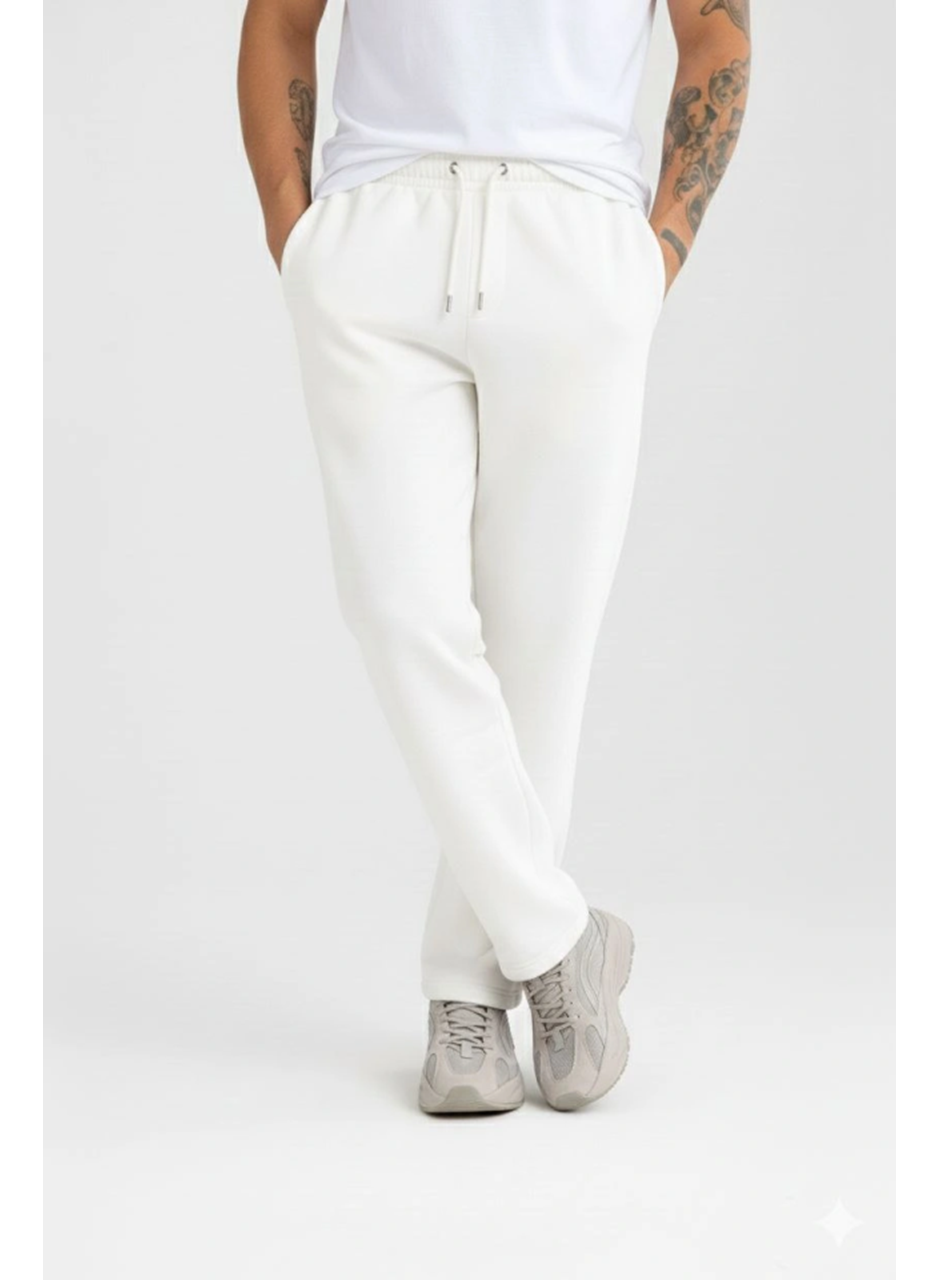 Erkek Üç Iplik Kışlık Pamuklu Ovarsize Bağcıklı Düz Paça Cepli Eşofman Altı Spor Rahat Model - Beyaz