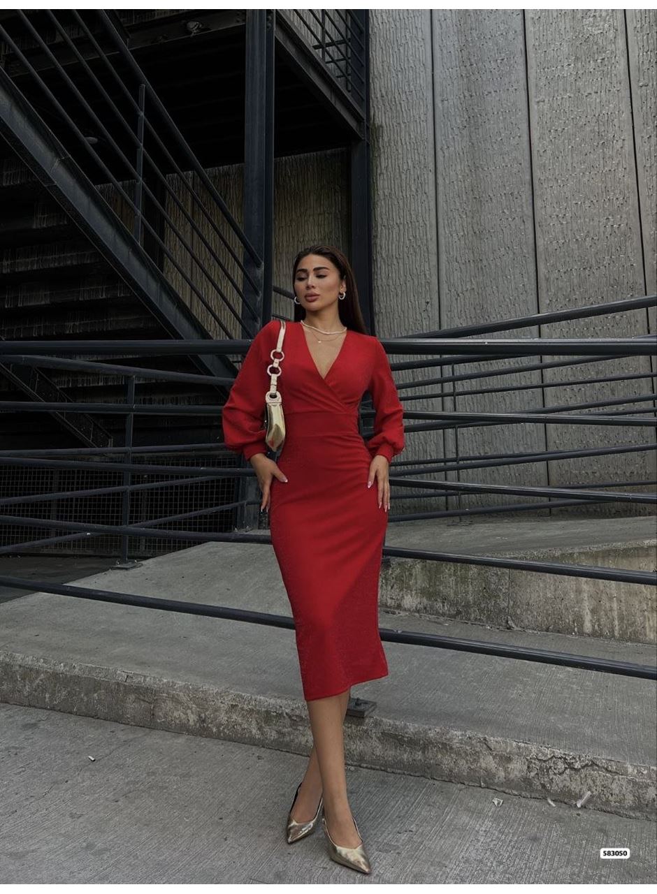 Kadın Kruvaze Yaka Balon Kol Simli Krep Kumaş Midi Boy Elbise