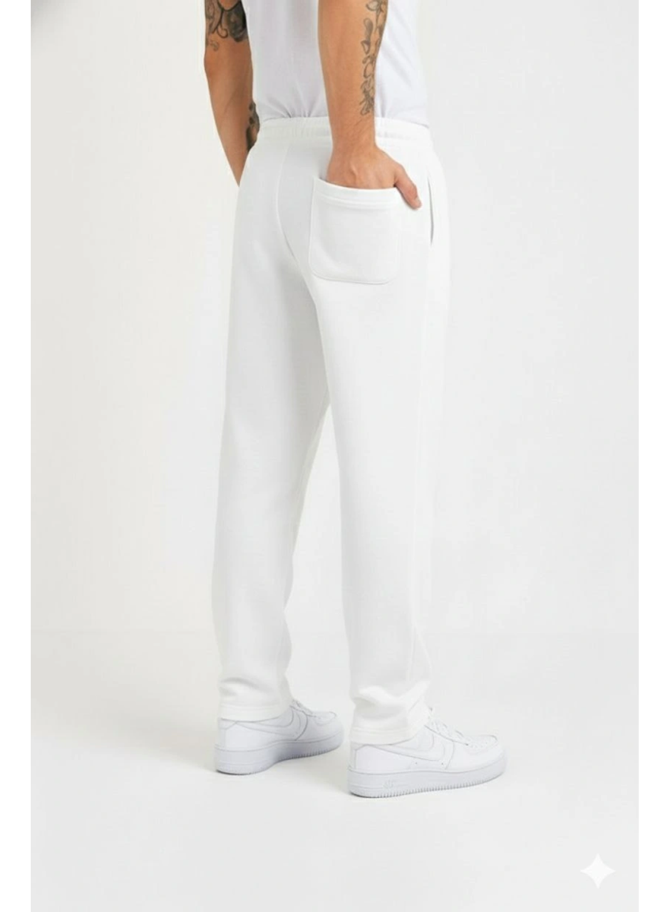 Erkek Üç Iplik Kışlık Pamuklu Ovarsize Bağcıklı Düz Paça Cepli Eşofman Altı Spor Rahat Model - Beyaz