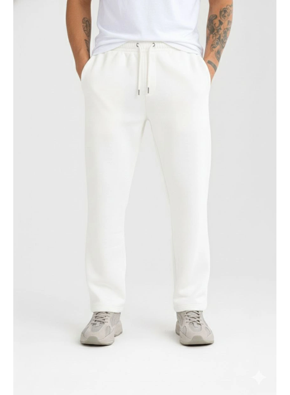 Erkek Üç Iplik Kışlık Pamuklu Ovarsize Bağcıklı Düz Paça Cepli Eşofman Altı Spor Rahat Model - Beyaz
