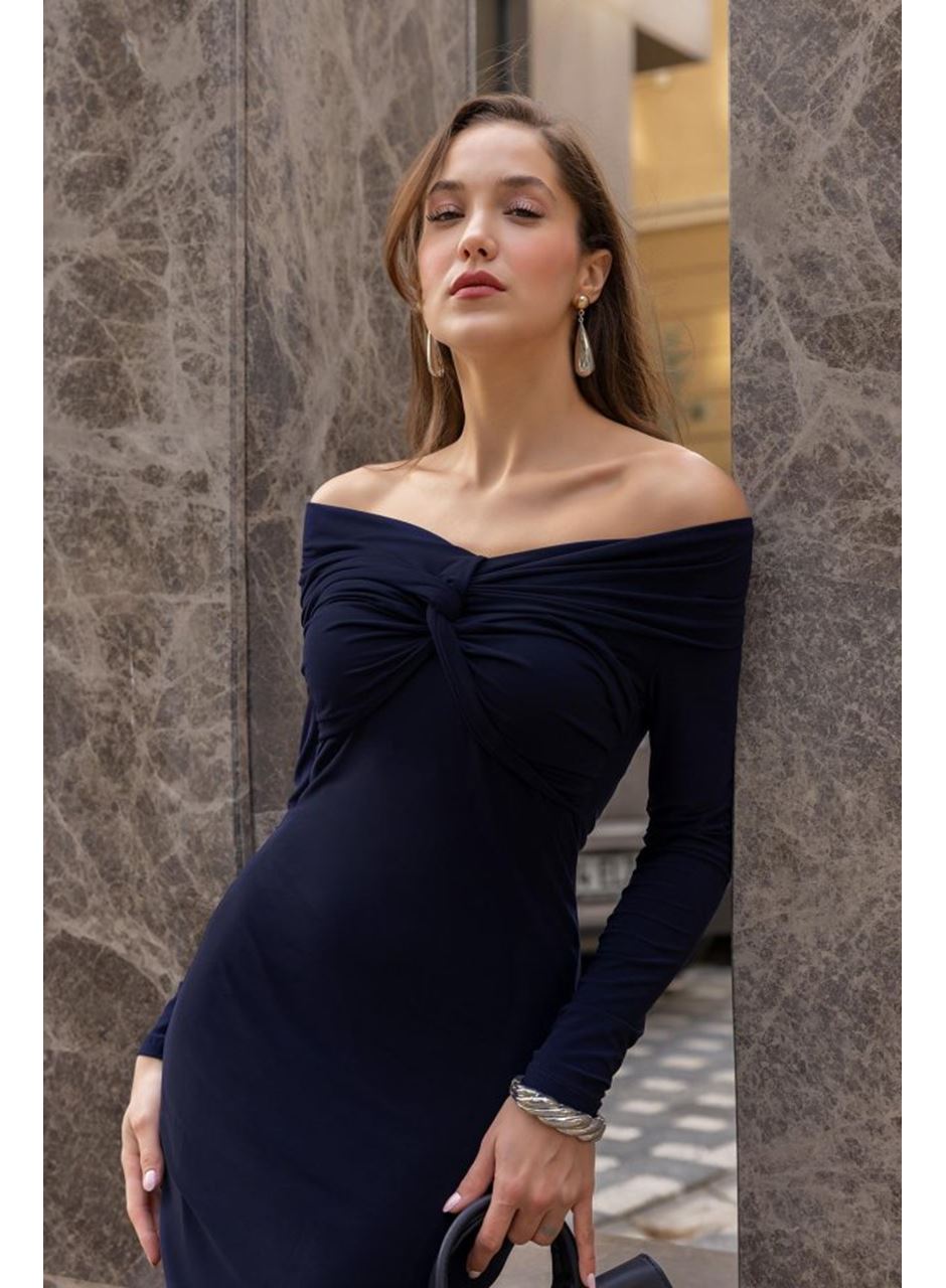 Kadın Uzun Kollu Madonna Yaka Düğüm Büzgü Detay Maxi Boy Elblbise