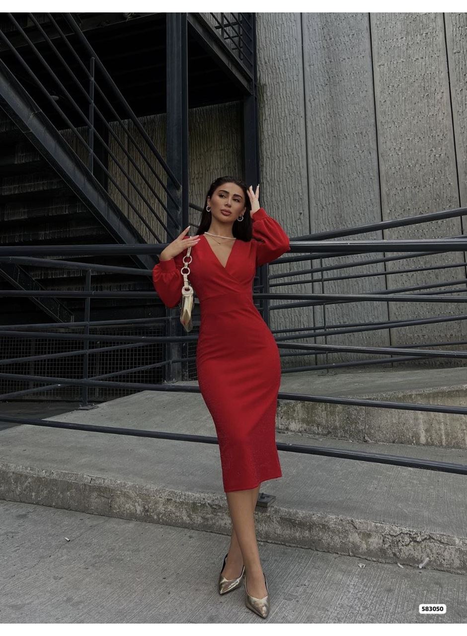 Kadın Kruvaze Yaka Balon Kol Simli Krep Kumaş Midi Boy Elbise